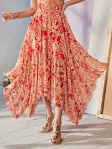 Frida Kahlo X SHEIN X Designer RAUL OROZCO Boho Bohemian Floral Printed Asymetrical Mesh Skirt, Holiday, Party, Thanksgiving, Vacation, Spring & Summer, Festival