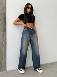 EURMUSE 100% Cotton WOMEN WIDE LEG BELTED MID WAIST JEANS - Medium Wash - View 4