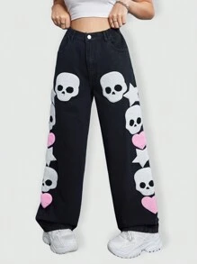 SHEIN Explorewe 少女时尚别致个性化骷髅植绒宽松休闲牛仔裤，适合万圣节派对 - 黑色 - 查看 5