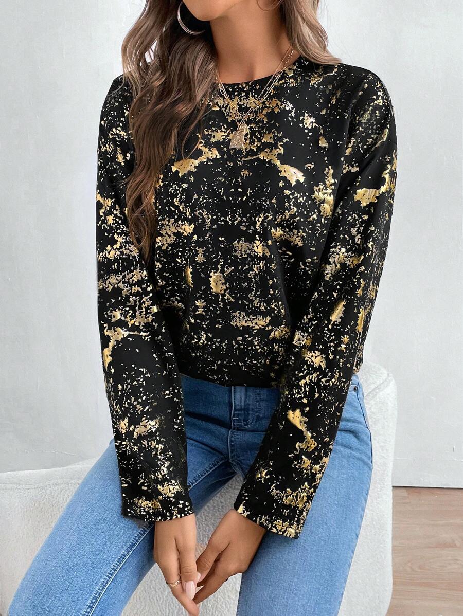 SHEIN Clasi 女士休闲落肩圆领烫花 T 恤，春秋装 - 黑色 - 查看 1