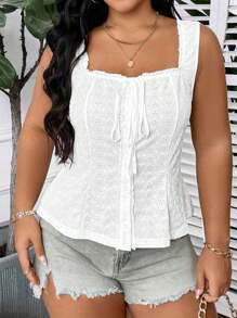 Calvaya Plus Eyelet Embroidery Knot Front Tank Top - White - View 5