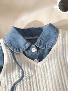 SHEIN Vintaside Kids 2 件装女婴牛仔连衣裙和粗针织背心套装，秋冬 - 藍色 - 查看 3