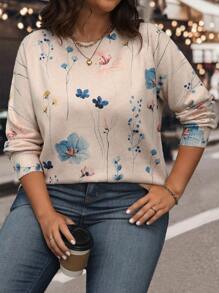 SHEIN LUNE Suéter holgado de cuello redondo con estampado de flores para mujer de talla grande, para invierno