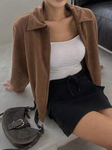 DAZY Women Solid Color Long Sleeve Zipper Casual Faux Leather Jacket, Spring Autumn,Fall Women Clothes - Brown - View 7