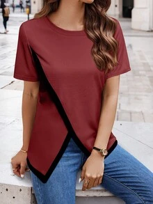 SHEIN Clasi 女士夏季休闲撞色拼接开叉 T 恤 - 酒紅色 - 查看 4