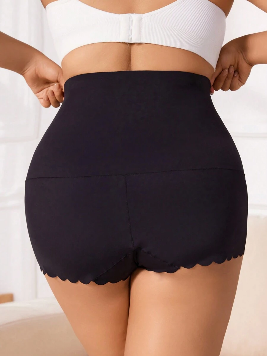 Plus Size Black High Waisted Scallop Trim Shapewear Shorts For Women Casual Comfy Stretch Fabric Underwear