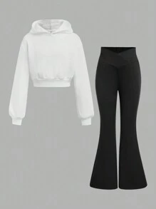 SHEIN Girlism Bộ 2 món áo nỉ rộng rãi + áo liền quần bó cho bé gái tuổi mới lớn màu trắng - trắng - Xem 8