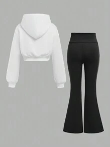SHEIN Girlism Bộ 2 món áo nỉ rộng rãi + áo liền quần bó cho bé gái tuổi mới lớn màu trắng - trắng - Xem 2