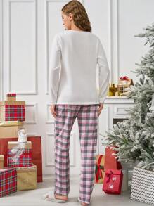 RueChic Cotton 2Pcs  Cute New Year Trees Printed Shirt And Plaid Printed Sleep Bottom Christmas PJ Set - Multicolor - View 2