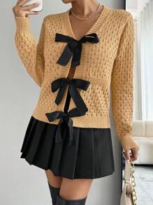 SHEIN LUNE 杏色蝴蝶結裝飾休閒寬鬆女式針織開衫