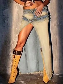 Y2K复古水洗毛边不对称下摆性感牛仔裙，音乐节休闲装 - 藍色 - 查看 6