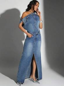 Denimoi Off Shoulder Split Front Denim Dress - Medium Wash - View 1