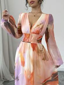 Chiquease Vestido de mujer con cuello en V profundo, cintura fruncida, manga farol y estampado floral - Multicolor - Ver 5