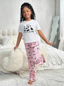 SHEIN 2 件 Tween Girls 可爱熊猫印花短袖上衣和长裤针织睡衣套装，阻燃 - 淺粉色 - 查看 3