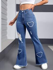 SHEIN EZwear Damen Jeans mit Teddybär-Motiv, Knopfleiste vorne, mehreren Taschen, Used-Look, ausgefranster Kante