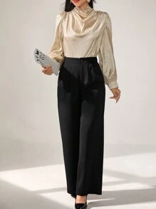 Modelyn 2 件套女士纯色荷叶边领灯笼袖衬衫和阔腿裤优雅办公室服装 2 件套 - 彩色 - 查看 4
