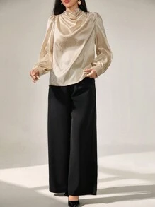 Modelyn 2 件套女士纯色荷叶边领灯笼袖衬衫和阔腿裤优雅办公室服装 2 件套 - 彩色 - 查看 5