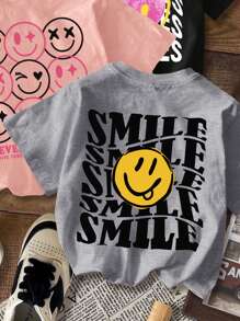 SHEIN EZwear Bộ 3 Áo thun ngắn tay cổ tròn in hình gấu cười đơn giản, thoải mái cho nữ, màu đen/xám/hồng, thích hợp cho mùa hè - Nhiều màu - Xem 3