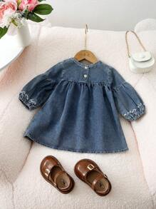 Genkimix Kids Baby Girl Cute Floral Embroidered Loose Comfortable Denim Dress With Ruffle Hem Design - Medium Wash - View 2
