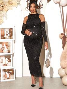 Loomaby SHEIN Maternity  Gender Reveal Dress  Ruched Sequin Mesh Bodycon Dress Long Sleeve Dress For Baby Shower Party - Black - View 4
