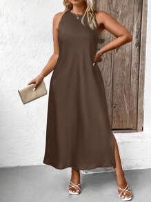 SHEIN Clasi Vestido de satén maxi para mujer de talla grande, de cuello redondo sin mangas, con bajo dividido, para uso casual cotidiano