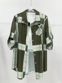 大码格子印花前扣卷袖休闲夹克 - 綠色 - 查看 1