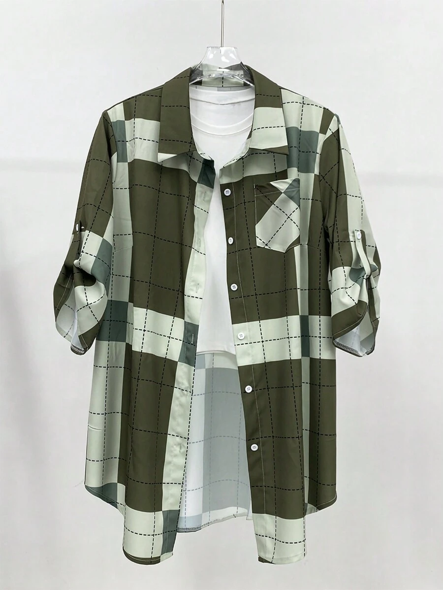 大码格子印花前扣卷袖休闲夹克 - 綠色 - 查看 1