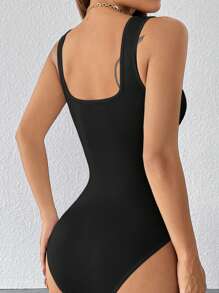 SHEIN PETITE Body de un solo color con tirantes anchos, modelo básico de licra - Negro - Ver 2