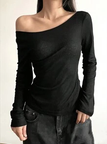 INAWLY Women's Solid Color Off-Shoulder Long Sleeve Casual T-Shirt