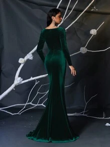 Glamrae 优雅奢华的翡翠绿色天鹅绒亮片褶皱开衩美人鱼裙，带拖尾，适合婚礼活动、单身派对、节日、正式场合（大量装饰）、长袖晚礼服、婚礼嘉宾、毕业典礼、晚宴 - 墨綠色 - 查看 3