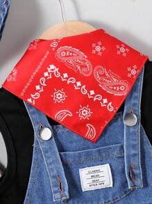 SHEIN 4 件套春夏男婴牛仔背心短裤、牛仔帽和红围巾时尚套装 - 黑色 - 查看 4