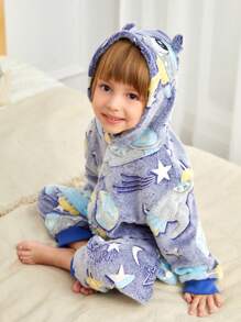 Young Boy Stylish Spaceship Graphic Hooded Warm Fleece Jumpsuit
