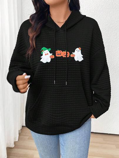 SHEIN LUNE Plus Size Cartoon Print Drawstring Women Hooded Sweatshirt, Halloween Black Sweatshirt Pullover Fall Winter Autumn