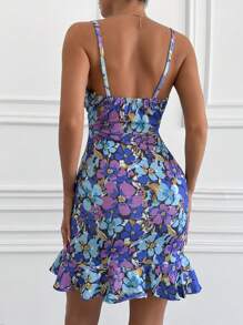 SHEIN Cottnline Spaghetti Strap Ruched Floral All-Over Print Casual Mini Dress - Multicolor - View 2