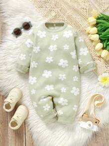 Baby Girls Floral Print Knitted Romper - Mint Green - View 1