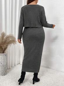 SHEIN VCAY 2 件大码长袖短款上衣和开衩下摆连衣裙套装