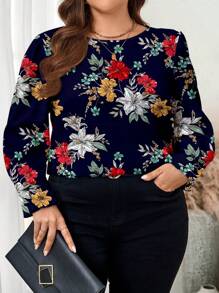 EMERY ROSE Plus Size Women's Elegant Casual Floral Print Loose Fit Long Sleeve Blouse, Suitable For Fall/Winter - Navy Blue - View 1
