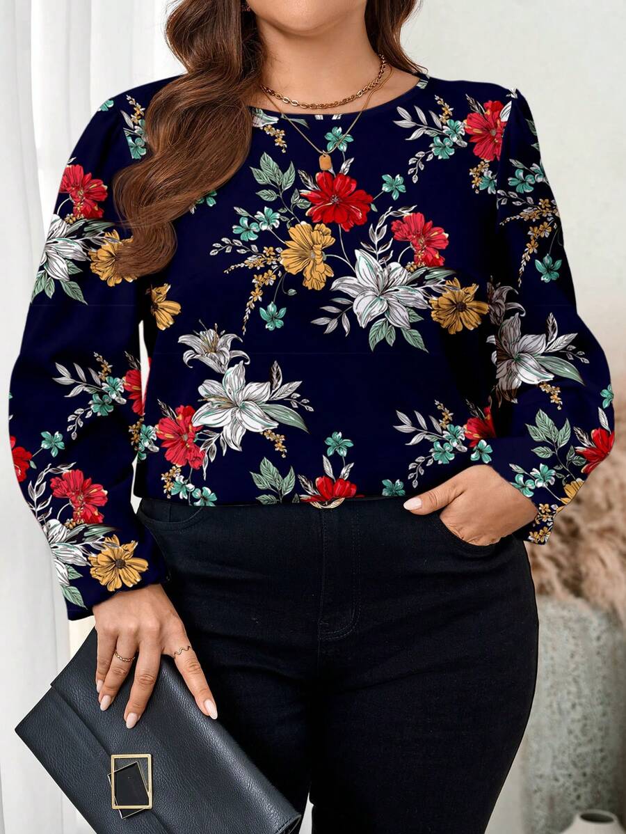 EMERY ROSE Plus Size Women's Elegant Casual Floral Print Loose Fit Long Sleeve Blouse, Suitable For Fall/Winter - Navy Blue - View 1