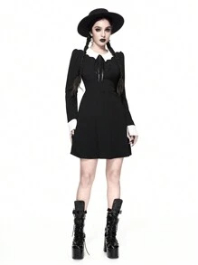 ROMWE Goth 哥特式蝙蝠领蝴蝶结腰喇叭形 A 字弹力女式连衣裙，万圣节