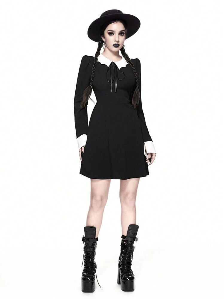 ROMWE Goth 哥特式蝙蝠领蝴蝶结腰喇叭形 A 字弹力女式连衣裙，万圣节 - 黑色 - 查看 2