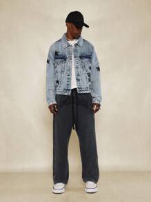 SUMWON Distressed Star Patch Trucker Jacket Streetwear Casual Outerwear Fall Season High Street Fashion Embroidered Patches Raw Edge Design Classic Fit