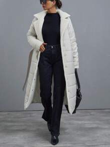 SHEIN Cottnline Puffer Jacket With Dropped Shoulder Line, Welt Pocket, Slot In The Side Seam And Snap Closure, Wide English Collar Made From Teddy Bear Fabric - Beige - View 8