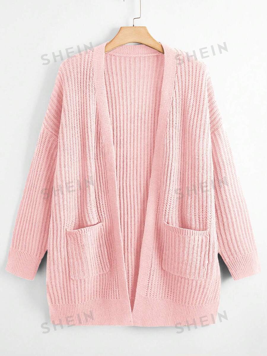 SHEIN LUNE Cárdigan de manga larga de unicolor minimalista para mujer de talla grande, para el invierno - Rosa - Ver 1