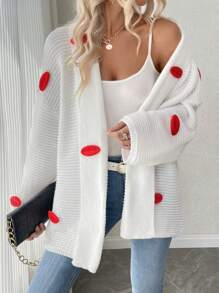SHEIN Clasi Women's Loose Solid Color Long Sleeve Drop Shoulder Cardigan Sweater With 3D Big Red Lip Decoration, Suitable For Autumn/Winter - White - View 4