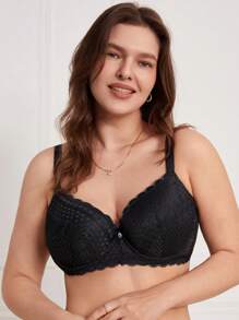Plus Lace Panel Bow Front Scallop Trim Push Up Bra - Black - View 8