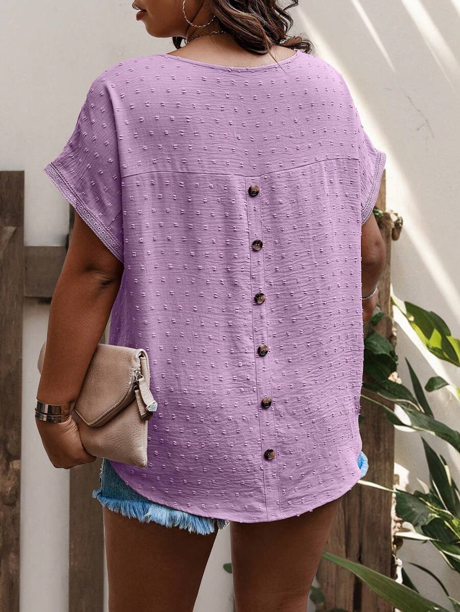 SHEIN LUNE Große Größen Rundhals Fledermausärmel Schweizer Punkte Knopf Lässig Bluse