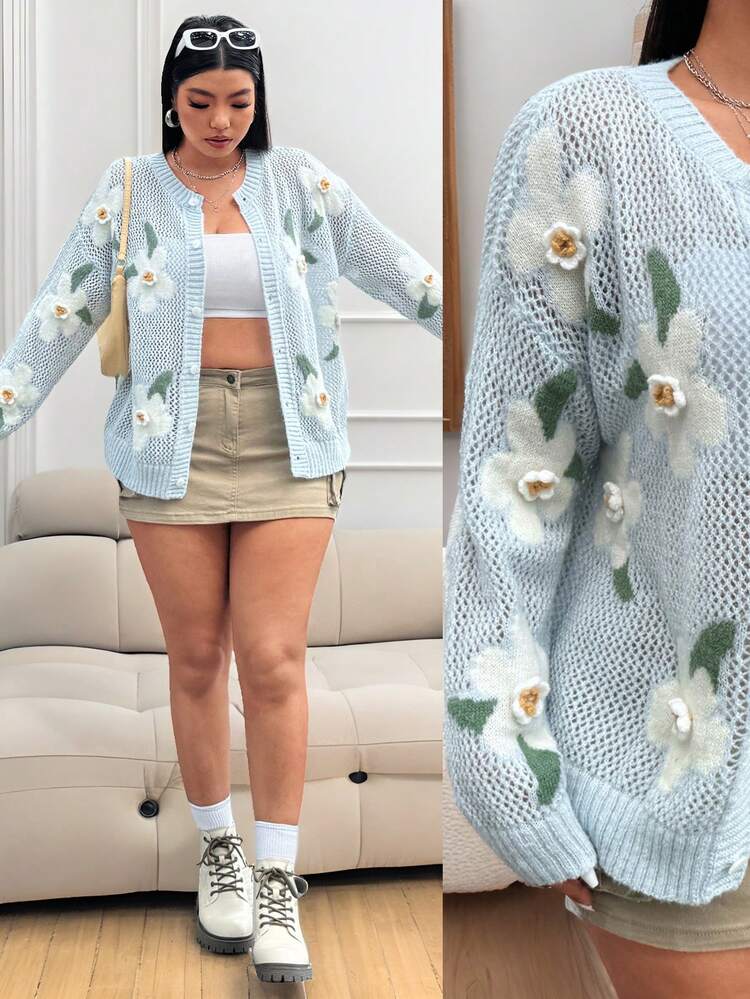 Flirla 大码女式花卉图案镂空长袖休闲开衫，秋冬款 - 彩色 - 查看 1