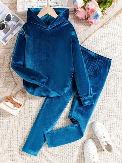 SHEIN Conjunto informal de 2 piezas para niña preadolescente: sudadera con capucha de unicolor y pantalones, primavera/otoño