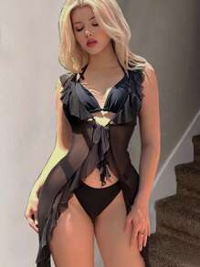 SHEIN Swim 3 件套女士比基尼套装，露背系带上衣，性感下装和荷叶边系带设计罩衫夏季海滩 - 黑色 - 查看 3