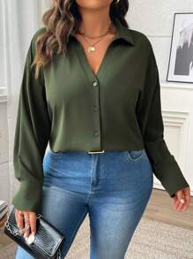 Vionelle 大码女式纯色宽松长袖优雅衬衫，春夏女式衬衫 - 軍綠色 - 查看 2